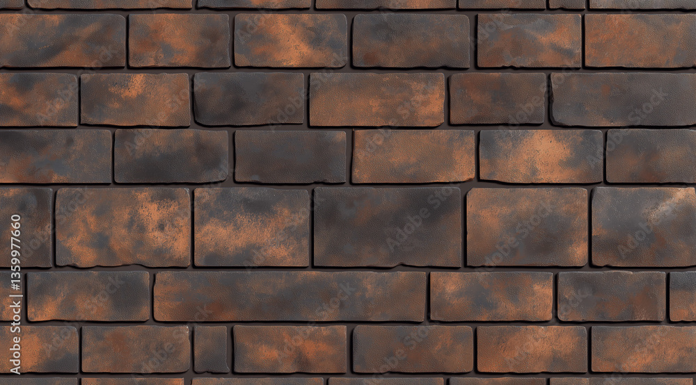 Obraz premium Old red brick wall with dark brown tones, featuring an ultra-realistic texture and weathered details. High-resolution photography, perfect for backgrounds, architectural designs, and vintage aesthetic