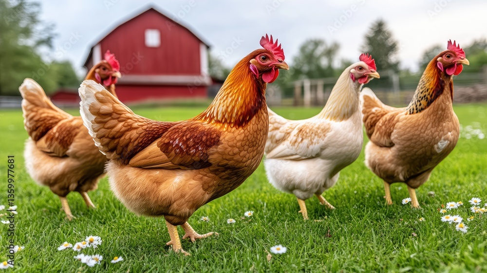 Fototapeta premium Chickens wander through a lush green field dotted with daisies, framed by a classic red barn under soft golden hour light