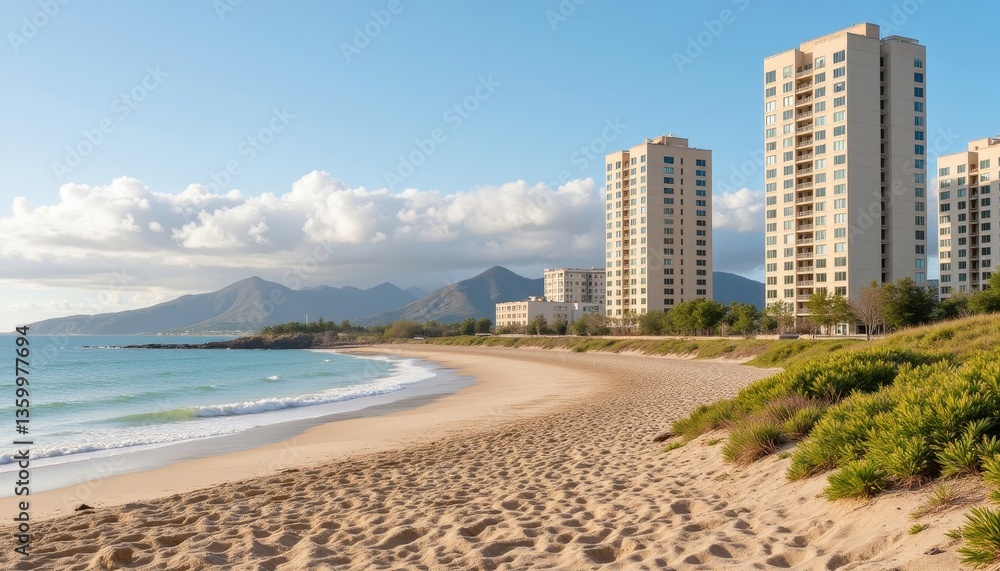 Luxury condos along sandy coastline in bright sunlight, vacation living Luxury condos along sandy coastline in bright sunlight, vacation living