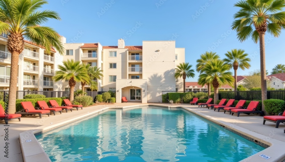 Fototapeta premium Tropical condo community with palm trees and pool, vacation paradise