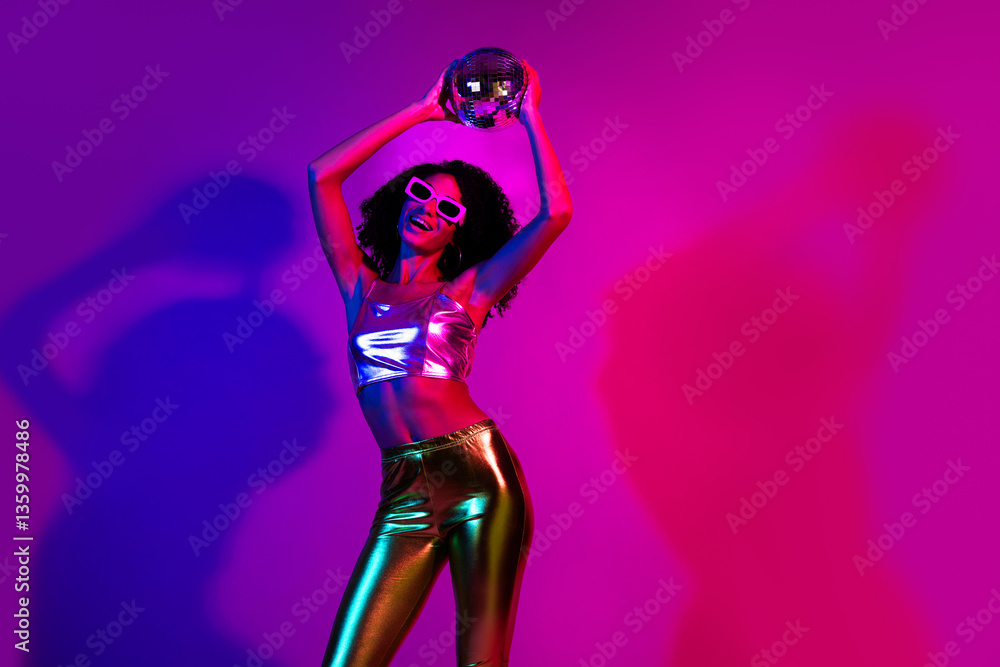 Stylish young woman in metallic outfit dancing and enjoying vibrant neon lights, showcasing joy and energy Stylish young woman in metallic outfit dancing and enjoying vibrant neon lights, showcasing joy and energy