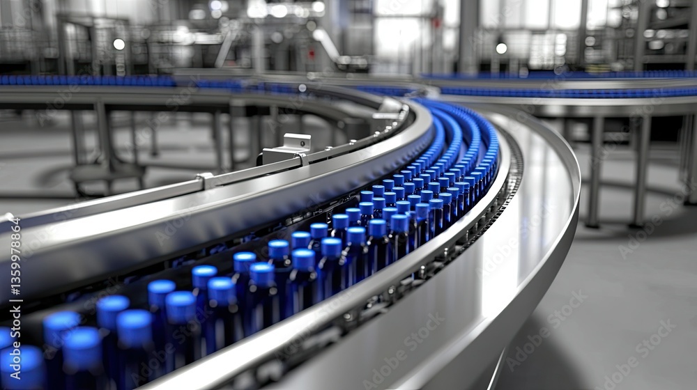 Fototapeta premium A sleek conveyor system in a winery, filling bottles with precision as part of an advanced production process.