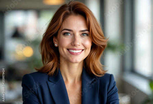 Confident Businesswoman Headshot Portrait - Navy Pantsuit, Auburn Hair, Modern Office Setting Free Download Confident Businesswoman Headshot Portrait - Navy Pantsuit, Auburn Hair, Modern Office Setting - GFXLoad