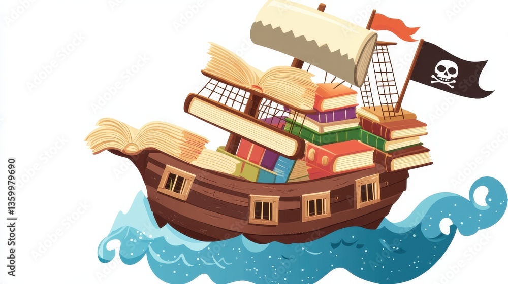 Obraz premium Whimsical Book Pirate Ship Sailing on Blue Waves