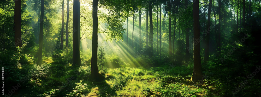 Obraz premium Breathtaking view of a lush green forest with sunlight filtering through tall trees -