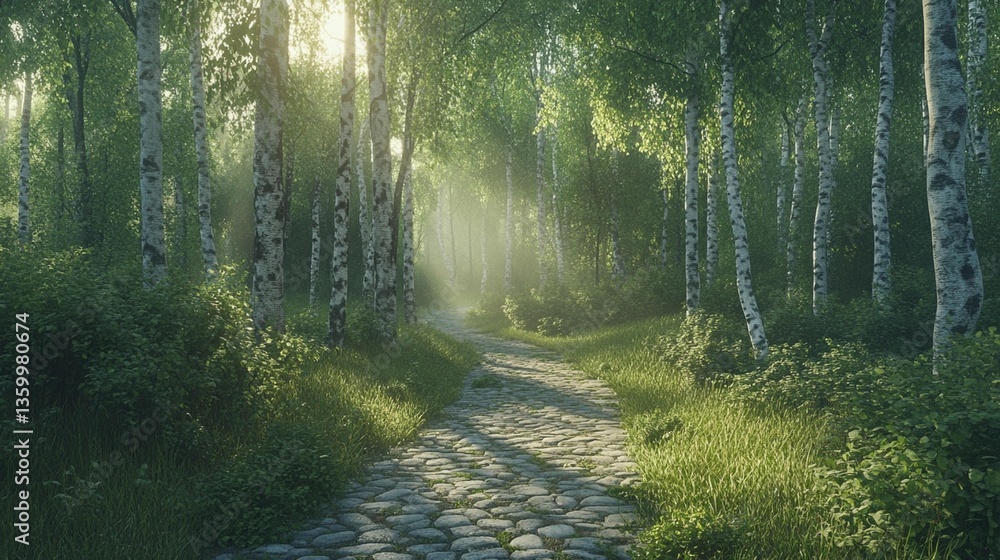 Obraz premium Sunlit path through a misty birch forest.