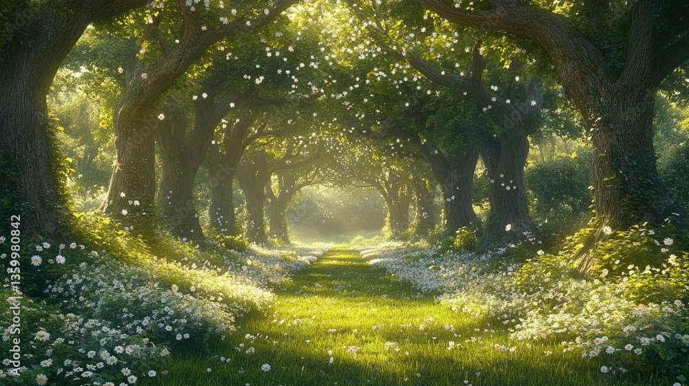 Fototapeta premium Sunlit path through a magical forest with blossoming trees and flowers.