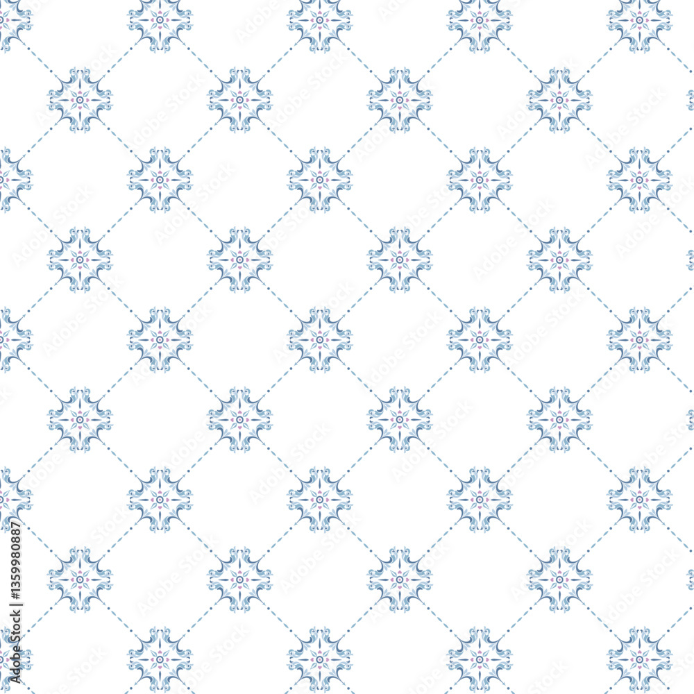Naklejka premium Elegant Seamless Damask Pattern on White Background. A seamless damask pattern with intricate blue floral motifs on a white background, perfect for textiles, wallpapers, and decorative designs.