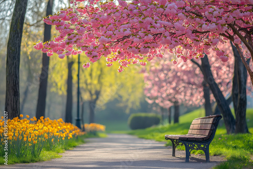 Serene spring park path with blooming cherry blossoms, a bench, and yellow tulips in full bloom. Perfect for seasonal themes, wellness concepts, and travel promotions.