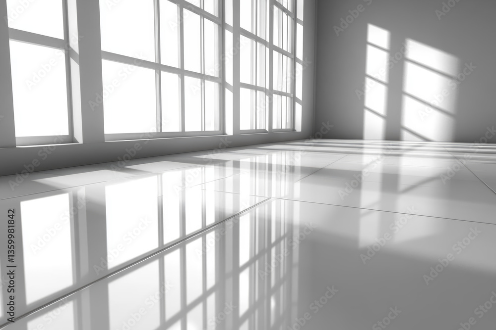 Bright, modern interior with large windows casting shadows on polished floor Bright, modern interior with large windows casting shadows on polished floor