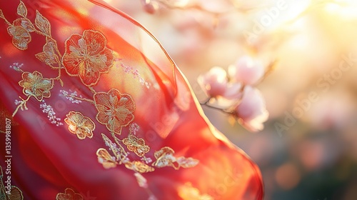 A crimson silk scarf embroidered with golden flowers, bathed in warm sunlight near delicate pink blossoms, a gentle whisper of springtime elegance.