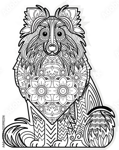 Photography Adult coloring book, Hand drawn dog design for coloring, mandala doodle art colo