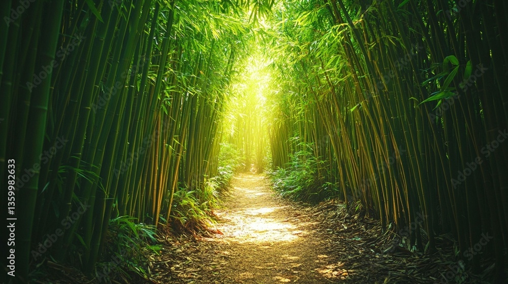 Fototapeta premium Sunlit path through dense bamboo forest. (1)