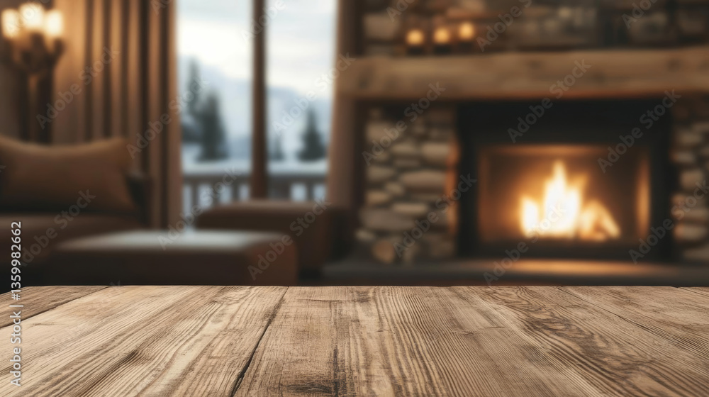 Fototapeta premium Cozy wooden table in front of warm fireplace, creating welcoming atmosphere