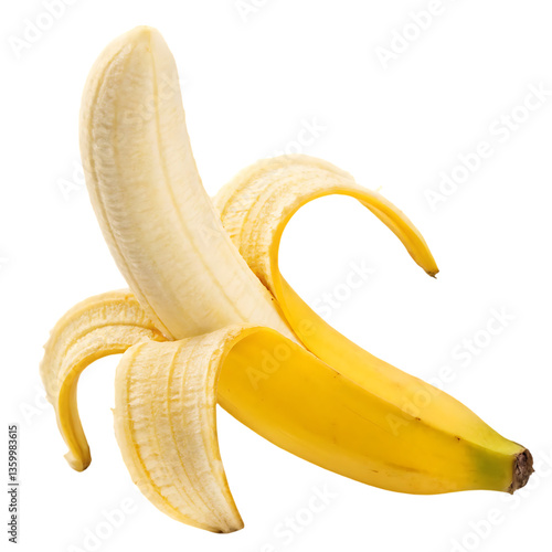 Partially peeled ripe banana isolated on black background