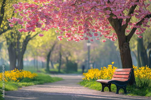Peaceful spring park path lined with cherry blossom trees and yellow tulips, featuring a wooden bench under pink flowers. Ideal for seasonal, travel, and wellness themes.