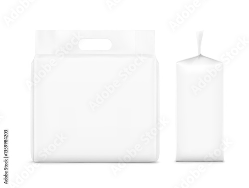 Realistic stand bag with hole handle mockup. Front and side view. Vector illustration isolated on white background. Suite for the presentation of diapers, wet wipes, pants changing mats. EPS10.