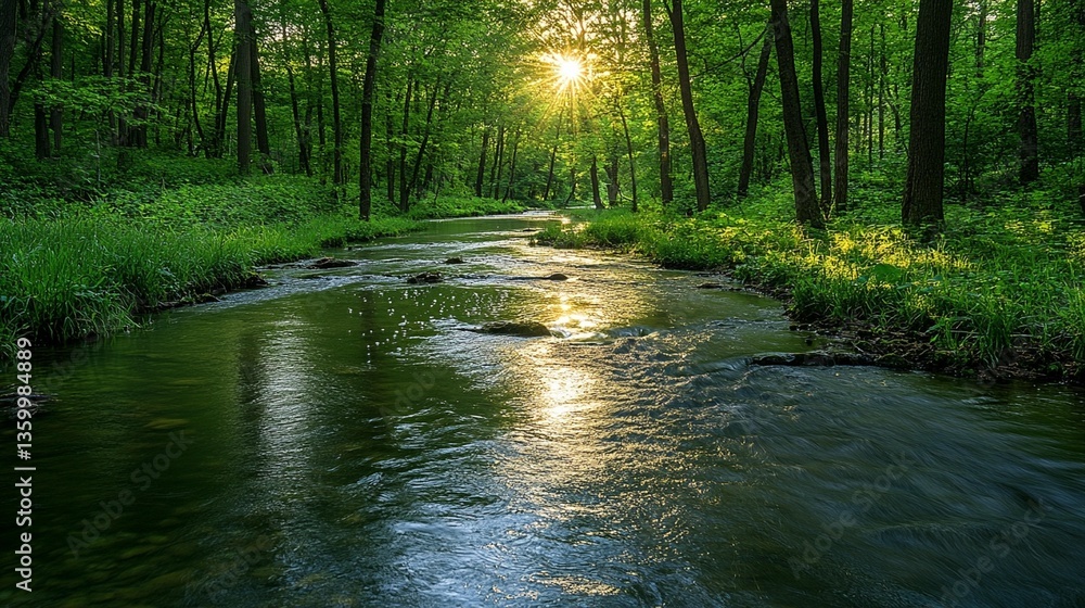 Fototapeta premium Sunlit stream flowing through lush green forest.