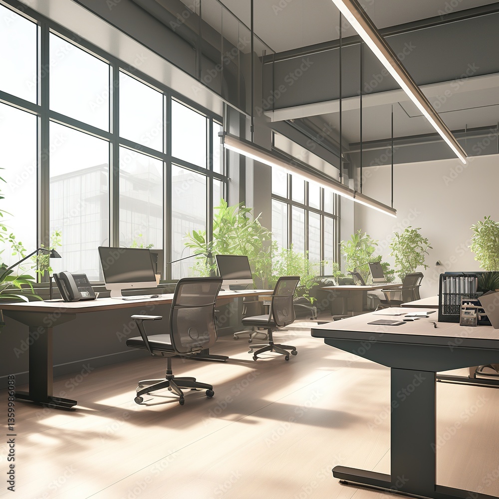 Modern minimalist office with empty desks and chairs, large windows, and ample copy space, symbolizing workspace demand and professional environment. Modern minimalist office with empty desks and chairs, large windows, and ample copy space, symbolizing workspace demand and professional environment.