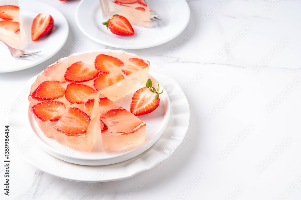 Japanese Raindrop Cake, or Mizu Shingen Mochi, clear jelly dessert, crystal-clear water-like delicacy agar pudding tart with strawberry slices, portioned on plates, white marble background copy space Japanese Raindrop Cake, or Mizu Shingen Mochi, clear jelly dessert, crystal-clear water-like delicacy agar pudding tart with strawberry slices, portioned on plates, white marble background copy space