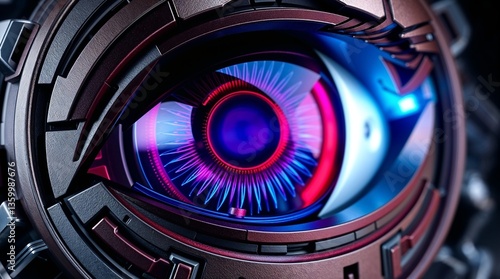 Futuristic robotic eye design with vibrant colors and intricate details