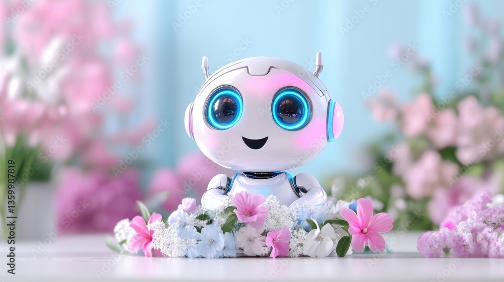 Cute robot surrounded by flowers Cute robot surrounded by flowers