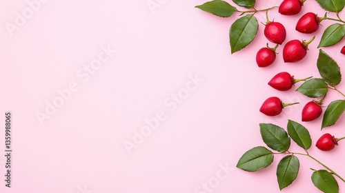 Wallpaper Mural Vitamin C beauty product display concept. Fresh red berries on a soft pink background with green leaves Torontodigital.ca