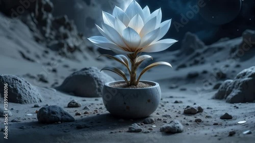 Serene White Flower in Pot on Alien Planet Landscape under Moonlight