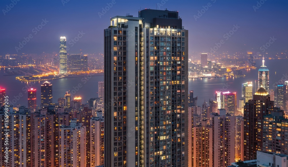 Fototapeta premium Night view of a densely populated urban cityscape with illuminated towers.