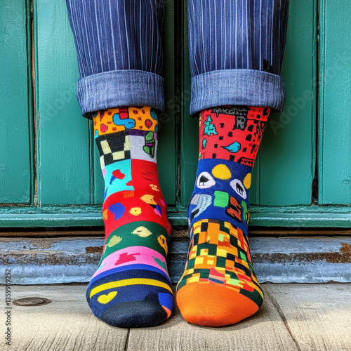 Quirky mismatched socks add playful touch, bringing wave of carefree happiness. These socks evoke sense of fun and imagination with their bold colors