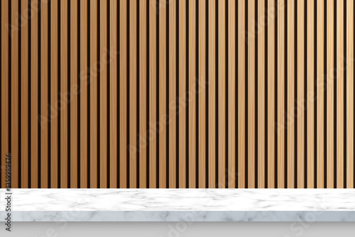 Wooden panel wall illuminated from below with white stone countertop. Bamboo wall with marble shelf. Natural wood background with table for product display. Realistic vector backdrop.
