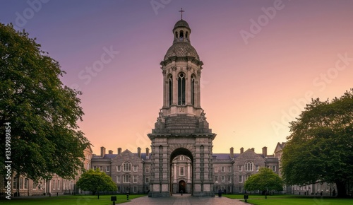 Scenic view of Trinity College, Dublin at dusk; historic, tranquil.