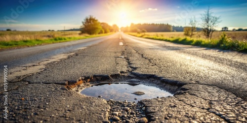 A Sunlit Country Road Reveals a Pothole Filled with Water, Reflecting the Golden Hour Sky, a Symbol of Infrastructure Neglect