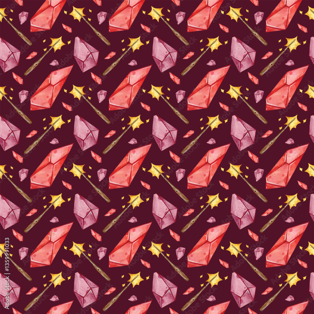 Obraz premium Seamless pattern with hand-drawn watercolor illustrations. Diamonds, gems, magic. Texture for wrapping paper, fabric.