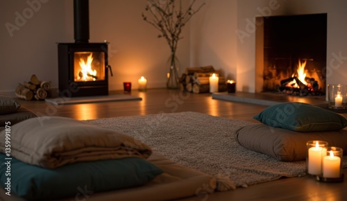 Cozy room with fireplace, pillows and candles for a relaxed atmosphere.