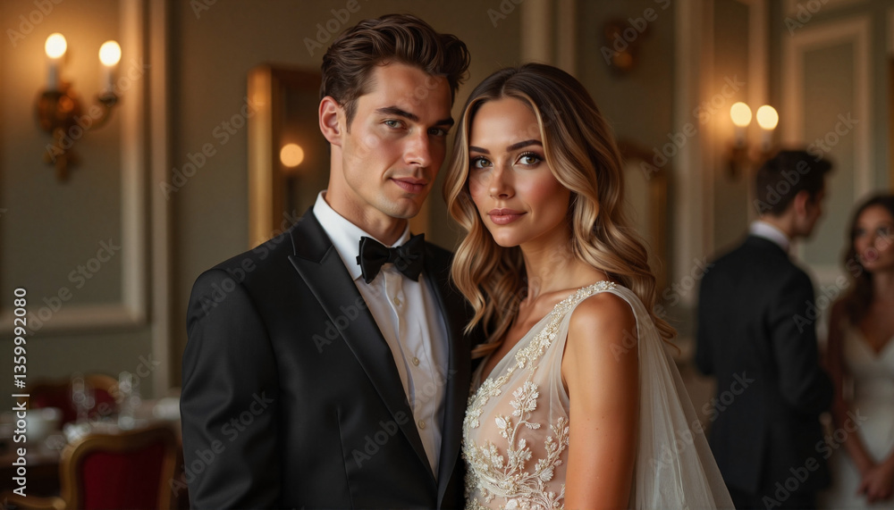 Stylish couple exuding elegance in formal attire, timeless romance Stylish couple exuding elegance in formal attire, timeless romance