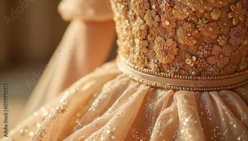 Elegant sequined evening gown catching light, luxury fashion concept