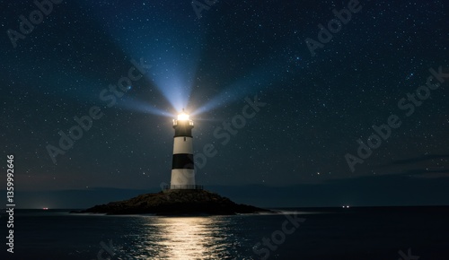 Striking lighthouse under a starry night sky, guiding ships across the ocean.