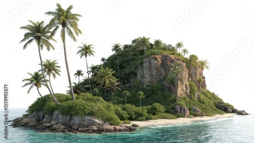 Fototapeta Naklejka Na Ścianę i Meble -  Lush tropical island surrounded by ocean, featuring tall palm trees, rocky cliffs, and a secluded sandy beach.