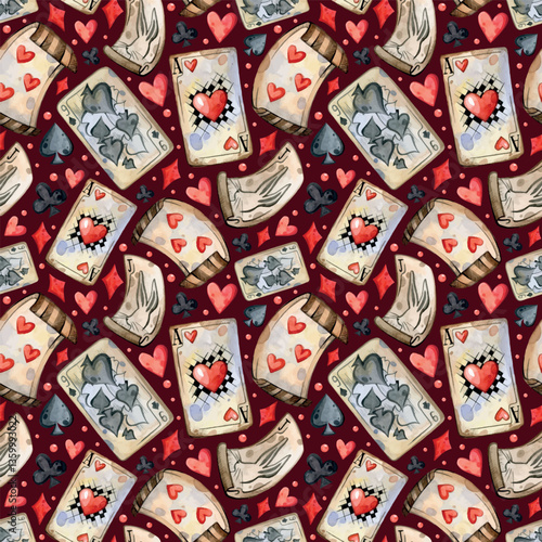 Watercolor hand painted Alice in Wonderland pattern. Playing cards. Red background. Use it for postcards, invitations, and scrapbooking.