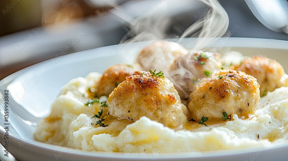 A beautifully plated dish of creamy mashed potatoes topped with golden-brown meatballs, steam rising in soft light. A beautifully plated dish of creamy mashed potatoes topped with golden-brown meatballs, steam rising in soft light.
