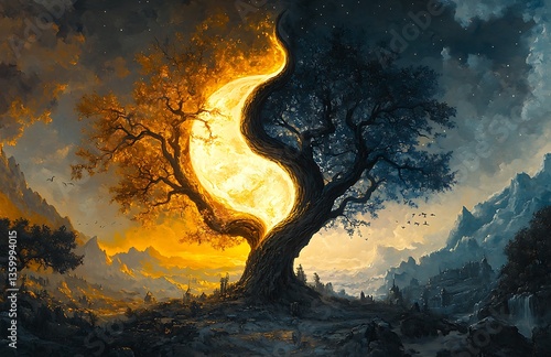  Mystical Tree with Fiery Sun in Dramatic Landscape