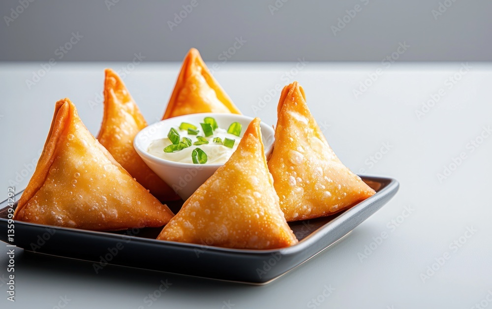 Five golden-brown fried pastries arranged on a dark gray square plate, accompanied by a small bowl of white creamy dip and green onion garnish. Gray background Five golden-brown fried pastries arranged on a dark gray square plate, accompanied by a small bowl of white creamy dip and green onion garnish. Gray background