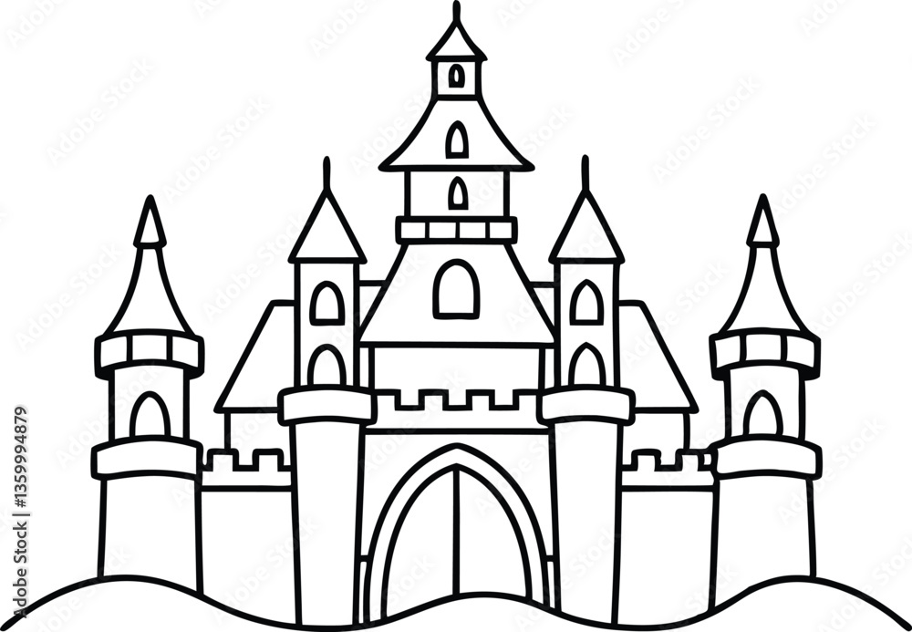 Castle outline coloring book page, Castle line art vector Castle outline coloring book page, Castle line art vector