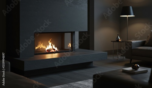 Sleek, modern fireplace provides warmth and elegant design to a dark living space.