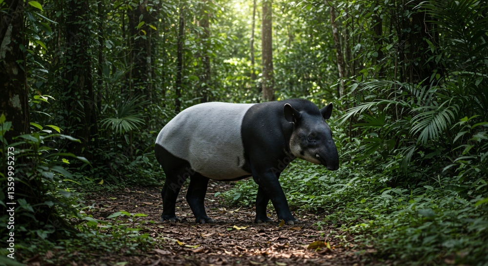 Fototapeta premium A tapir walking on a path surrounded by lush green forest