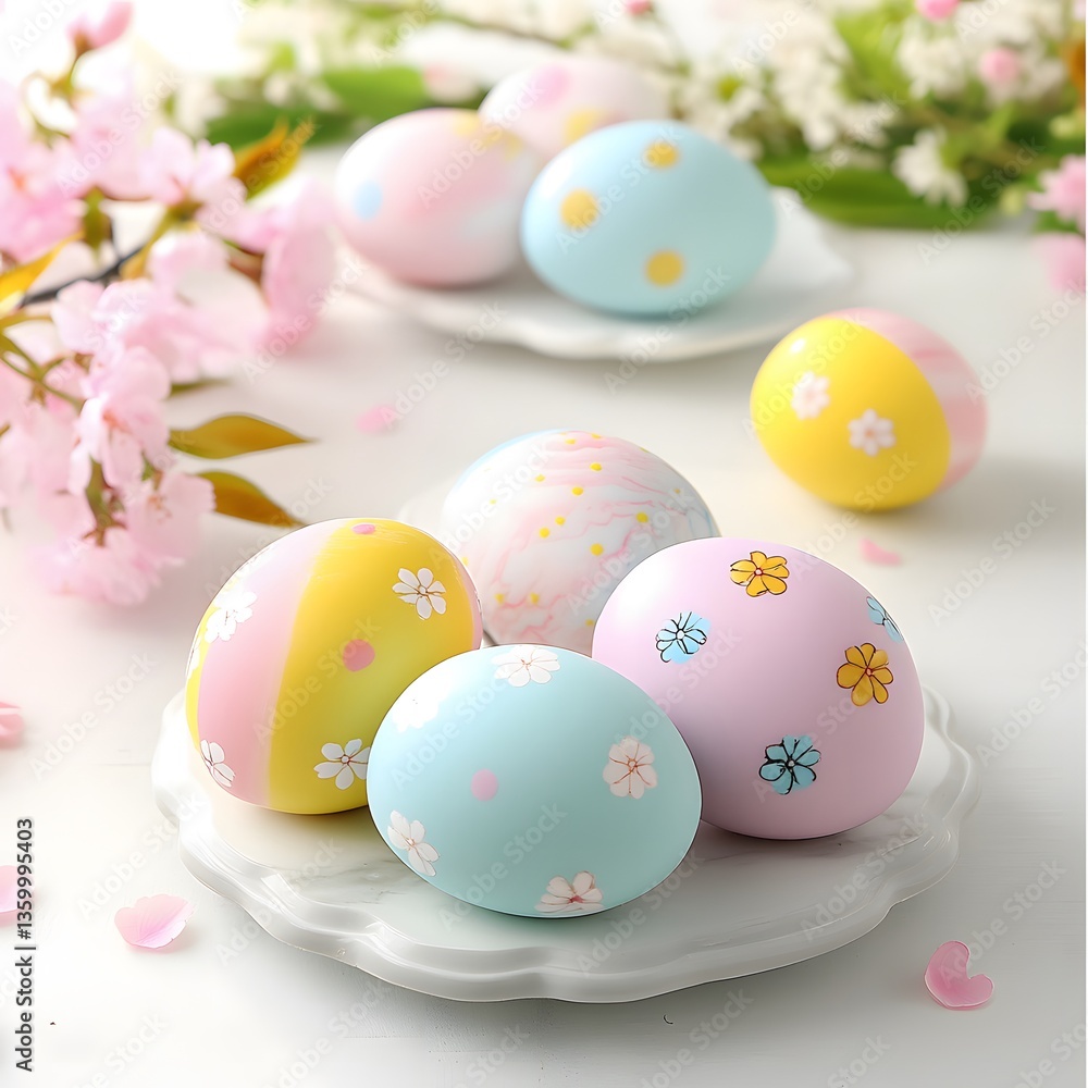 Fototapeta premium Pastel Easter Eggs with Floral Design Spring Decoration