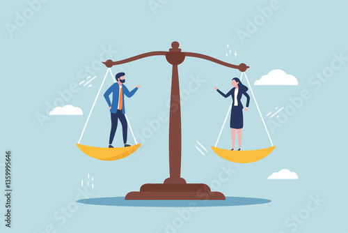 Gender equality, workplace fairness, justice or law, diversity corporate employee, comparison or balance scales, equilibrium concept, businessman and businesswoman colleagues on balance equal scales.