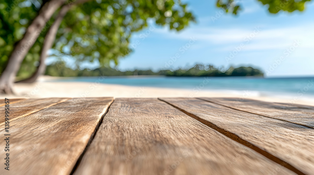 Fototapeta premium Tropical beach, wooden table, ocean view, summer vacation