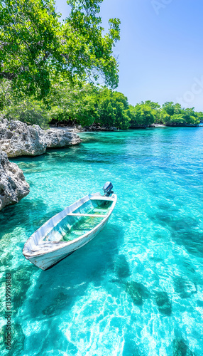 Tropical boat in crystal clear water, lush coast. Travel postcard